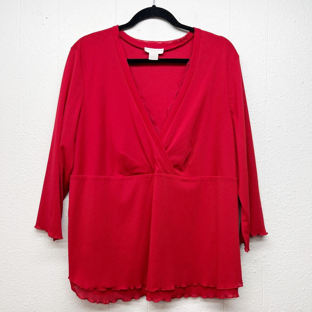 Worthington Vintage Red Mesh Babydoll Top Womens 1X Stretch 3/4 Sleeve Lace Trim
